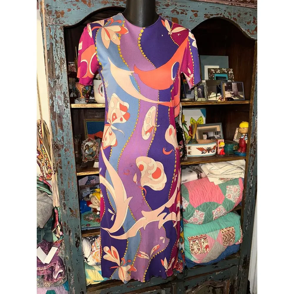 EMILIO PUCCI CUSTOM UNFINISHED VINTAGE SILK PRINT DRESS - Picture 7 of 16